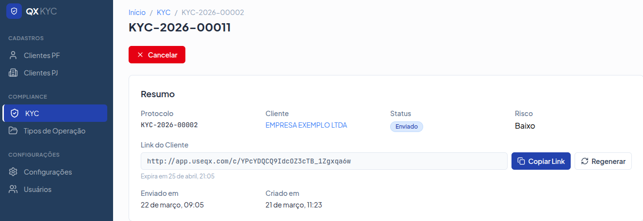 Tela de criação de nova aplicação KYC no painel QX