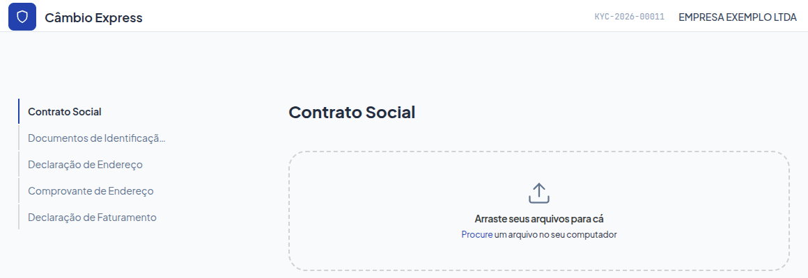 Tela que o cliente vê para envio de documentos