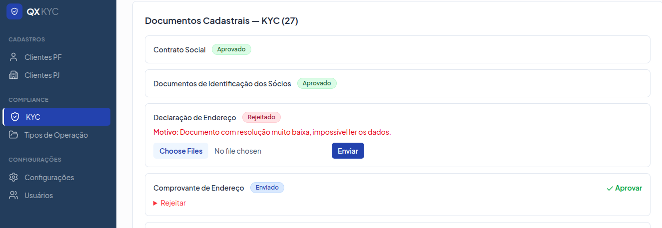 Tela de análise e aprovação de documentos do KYC